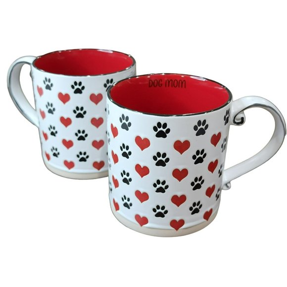Set Of 2 DOG MOM  Red Hearts And Black Dog Paw‎ Prints Engraved Coffee Mug - Picture 3 of 16